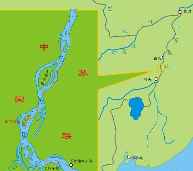 A proposta chinesa de redefinir a fronteira sino-soviética com a ilha de Zhenbao (Damanskii) no lado chinês. à esquerda é a China, enquanto à direita é a União Soviética