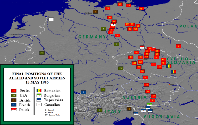 Posições do exército aliado na Europa Central em 10 de maio de 1945.