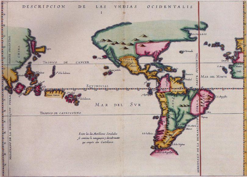 O Novo Mundo foi dividido em porções oriental e ocidental - Tratado de Tordesilhas