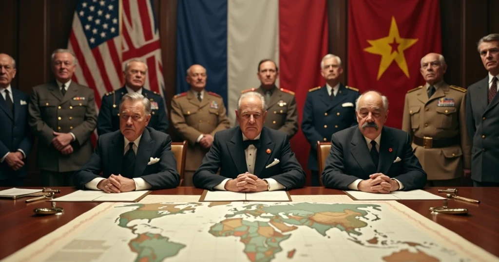 Líderes aliados reunidos em conferência durante a Segunda Guerra Mundial