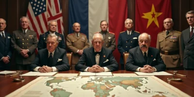 Líderes aliados reunidos em conferência durante a Segunda Guerra Mundial