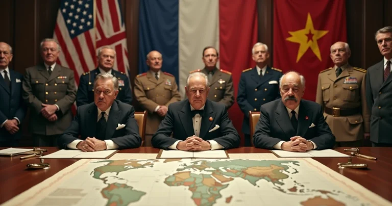 Líderes aliados reunidos em conferência durante a Segunda Guerra Mundial