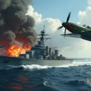 Avião kamikaze japonês em mergulho contra navio de guerra no Pacífico na Segunda Guerra Mundial