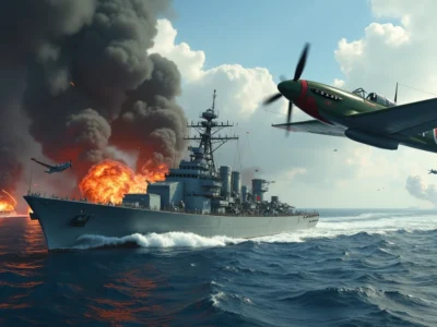 Avião kamikaze japonês em mergulho contra navio de guerra no Pacífico na Segunda Guerra Mundial