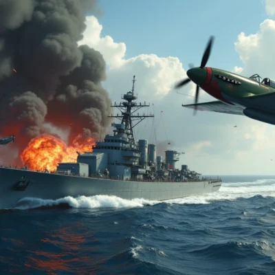 Avião kamikaze japonês em mergulho contra navio de guerra no Pacífico na Segunda Guerra Mundial