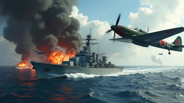 Avião kamikaze japonês em mergulho contra navio de guerra no Pacífico na Segunda Guerra Mundial