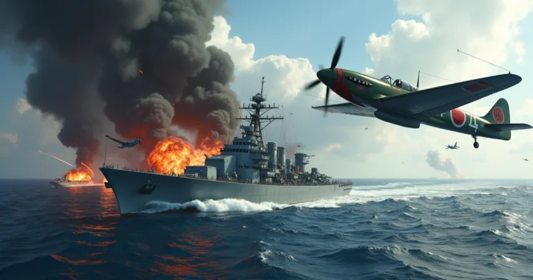 Avião kamikaze japonês em mergulho contra navio de guerra no Pacífico na Segunda Guerra Mundial