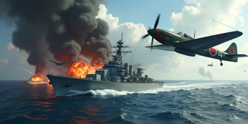 Avião kamikaze japonês em mergulho contra navio de guerra no Pacífico na Segunda Guerra Mundial