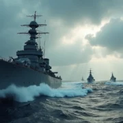 Encouraçado e submarinos da Kriegsmarine avançando em formação no mar agitado