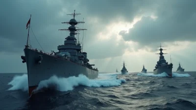 Encouraçado e submarinos da Kriegsmarine avançando em formação no mar agitado