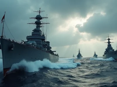 Encouraçado e submarinos da Kriegsmarine avançando em formação no mar agitado