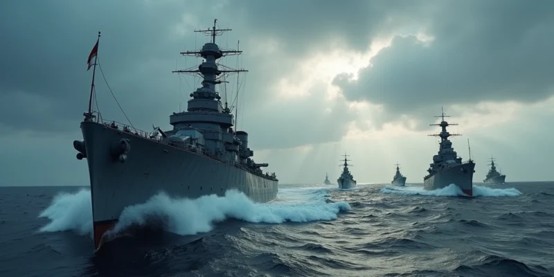 Encouraçado e submarinos da Kriegsmarine avançando em formação no mar agitado