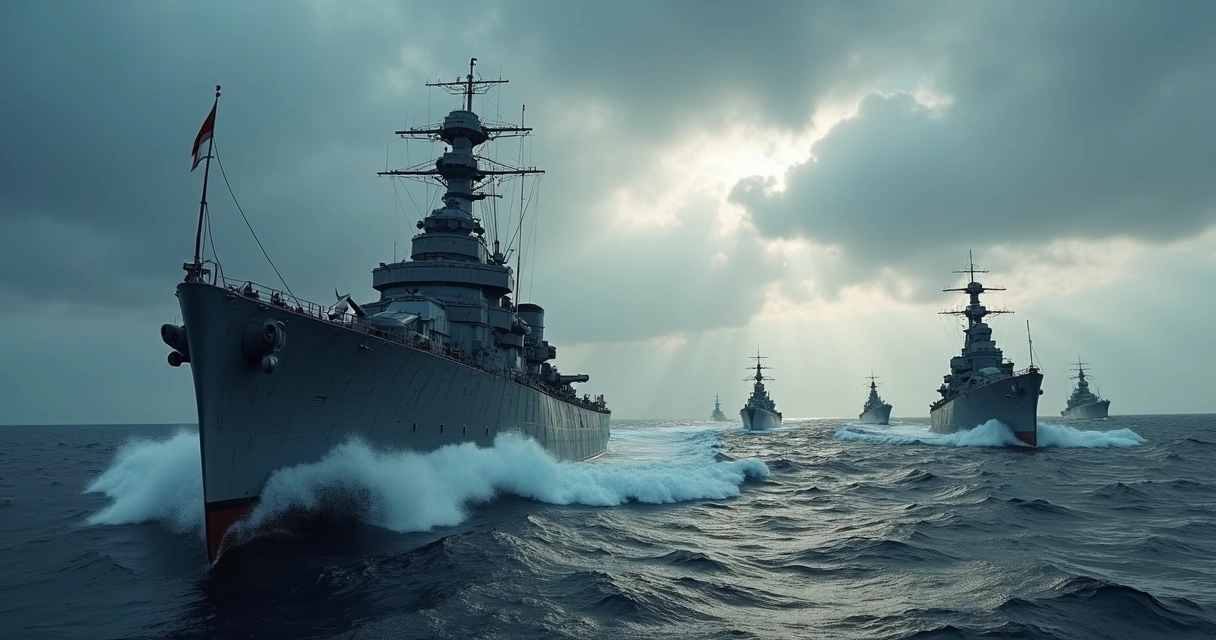 Encouraçado e submarinos da Kriegsmarine avançando em formação no mar agitado