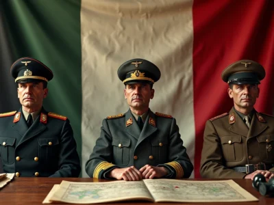 Líderes das potências do Eixo com bandeiras de Alemanha, Itália e Japão ao fundo