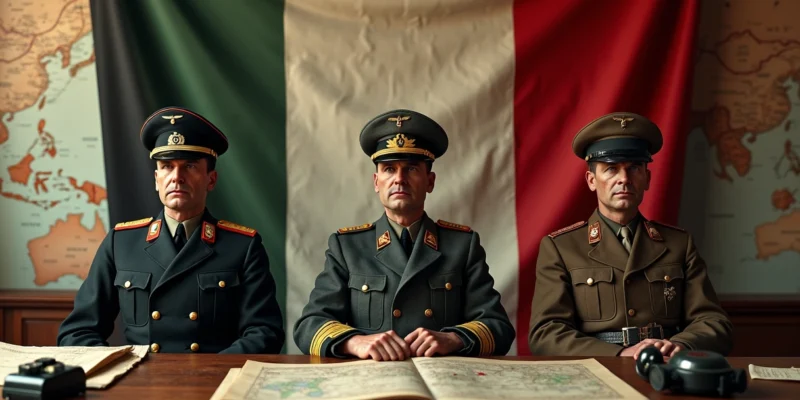 Líderes das potências do Eixo com bandeiras de Alemanha, Itália e Japão ao fundo