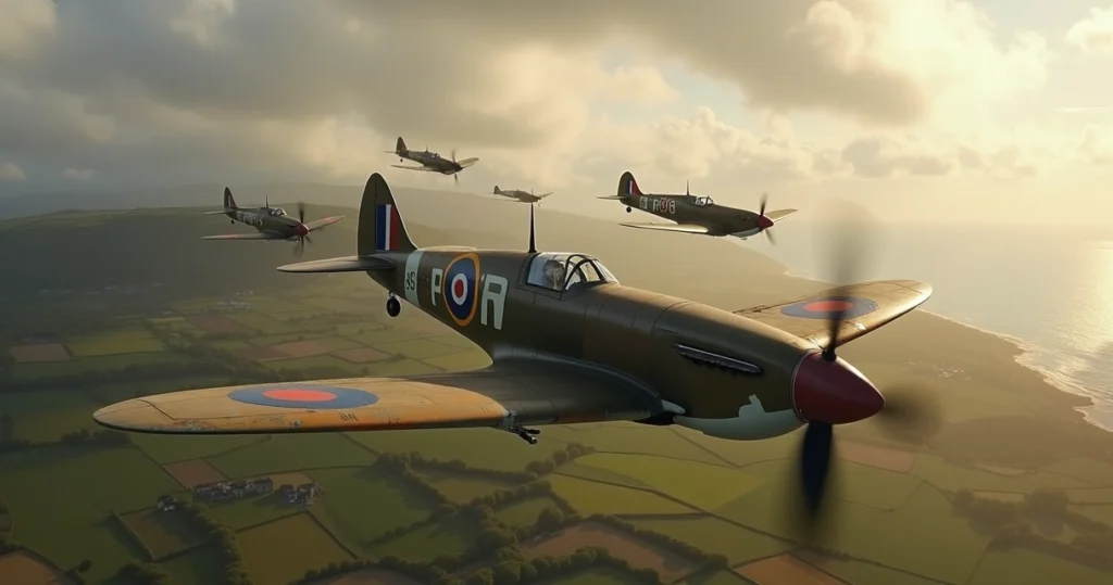 Caças Spitfire da Royal Air Force em formação sobre a Inglaterra na Segunda Guerra