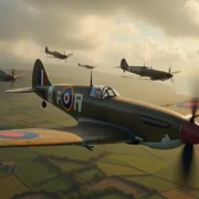 Caças Spitfire da Royal Air Force em formação sobre a Inglaterra na Segunda Guerra