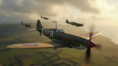 Caças Spitfire da Royal Air Force em formação sobre a Inglaterra na Segunda Guerra