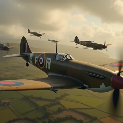 Caças Spitfire da Royal Air Force em formação sobre a Inglaterra na Segunda Guerra