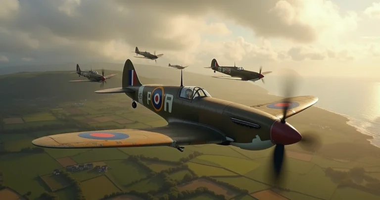 Caças Spitfire da Royal Air Force em formação sobre a Inglaterra na Segunda Guerra