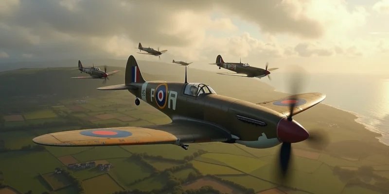 Caças Spitfire da Royal Air Force em formação sobre a Inglaterra na Segunda Guerra