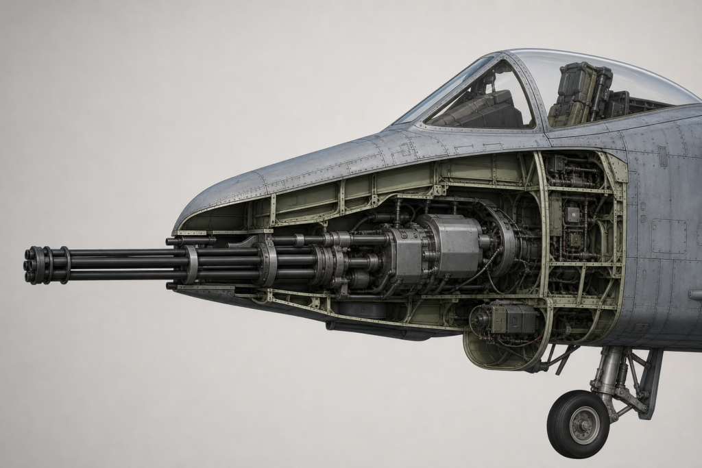 Diagrama educativo do canhão GAU-8/A no A-10 Thunderbolt II.