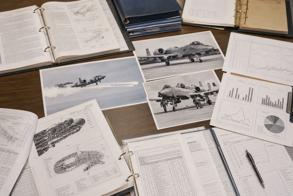 Documentos e fotos de treinamento usados para analisar a história operacional do A-10.