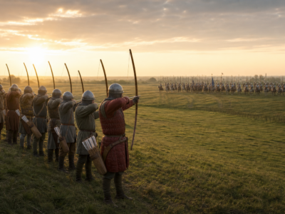 Ilustração educativa da Batalha de Crécy com arqueiros ingleses em posição defensiva e cavaleiros ao longe