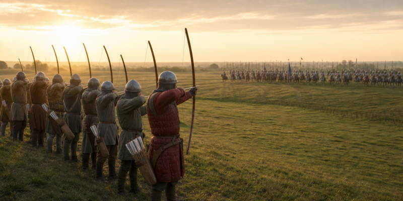 Ilustração educativa da Batalha de Crécy com arqueiros ingleses em posição defensiva e cavaleiros ao longe