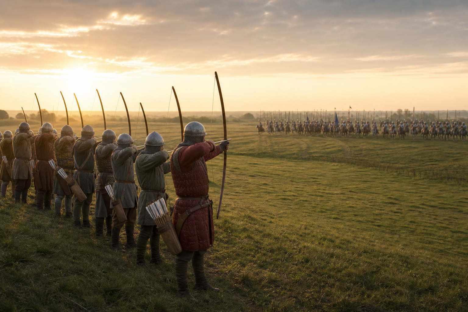 Ilustração educativa da Batalha de Crécy com arqueiros ingleses em posição defensiva e cavaleiros ao longe
