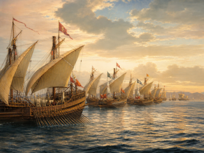 Galés históricas em formação no Mediterrâneo representando a Batalha de Lepanto.