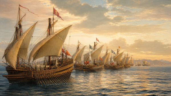 Galés históricas em formação no Mediterrâneo representando a Batalha de Lepanto.