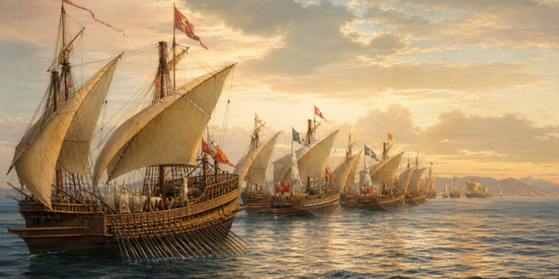 Galés históricas em formação no Mediterrâneo representando a Batalha de Lepanto.
