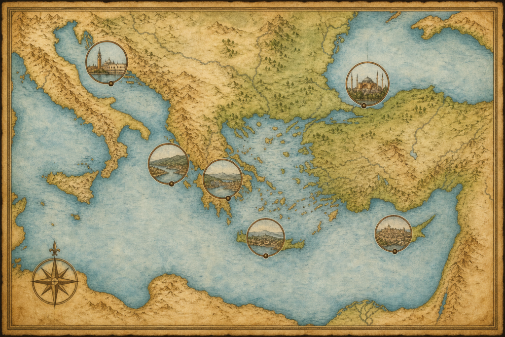 Mapa do Mediterrâneo oriental com Chipre, Lepanto e Istambul no contexto de 1571.