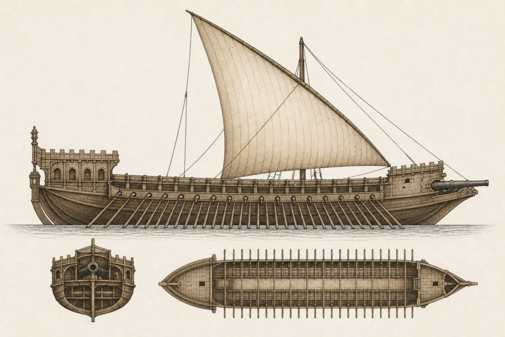Galé mediterrânica do século XVI com remos, vela latina e artilharia de proa.