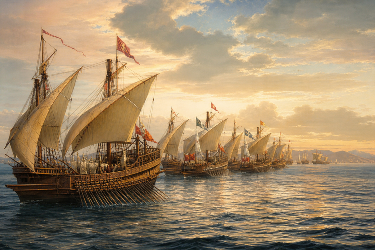 Galés históricas em formação no Mediterrâneo representando a Batalha de Lepanto.