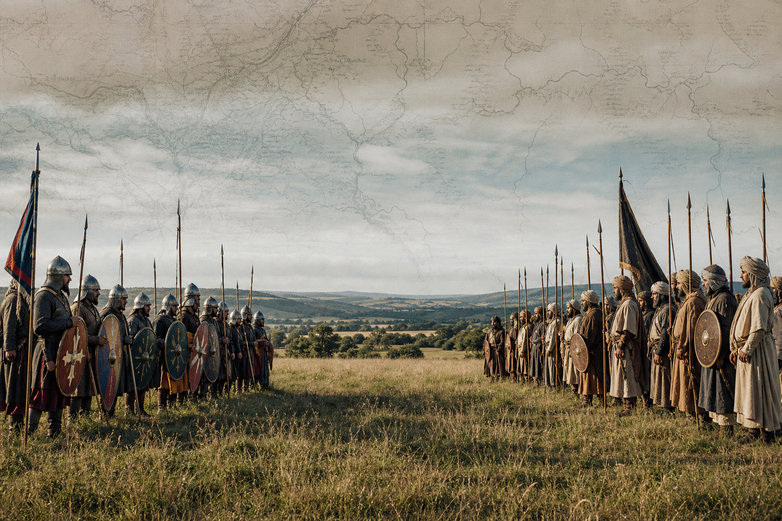 Representação educativa da Batalha de Poitiers 732 com formações medievais em uma paisagem europeia, sem combate explícito.