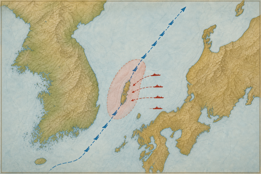 Mapa do estreito de Tsushima com a rota russa e a interceptação japonesa em 1905.