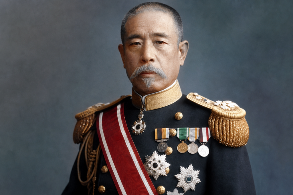 Retrato do almirante Togo Heihachiro, comandante japonês na Batalha de Tsushima.