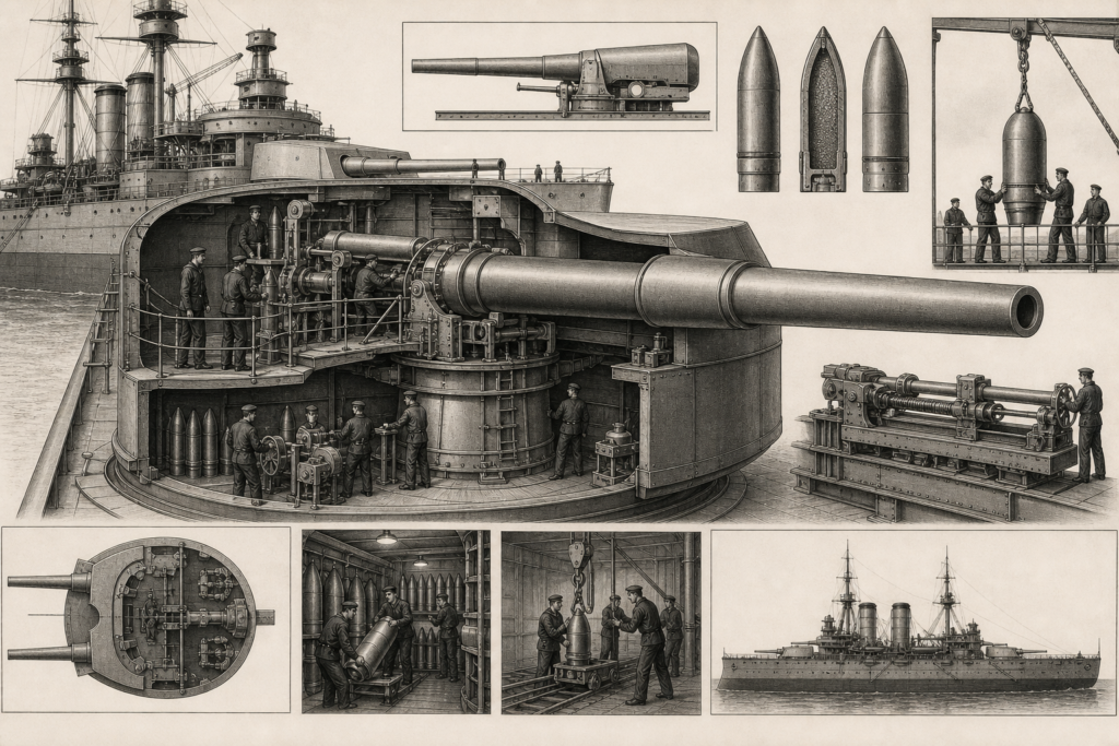 Canhões navais de couraçado pré-dreadnought semelhantes aos usados em Tsushima.