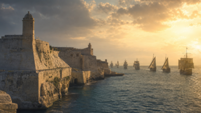 Fortificações de Malta vistas do mar durante o Cerco de Malta de 1565, com navios a vela ao fundo.