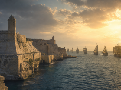 Fortificações de Malta vistas do mar durante o Cerco de Malta de 1565, com navios a vela ao fundo.