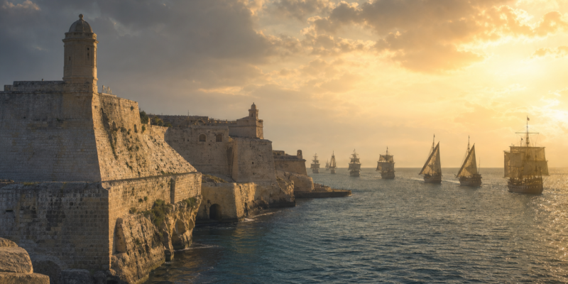 Fortificações de Malta vistas do mar durante o Cerco de Malta de 1565, com navios a vela ao fundo.