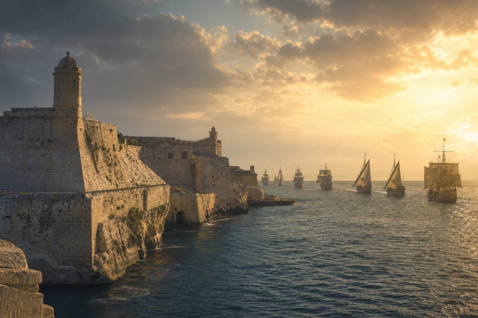 Fortificações de Malta vistas do mar durante o Cerco de Malta de 1565, com navios a vela ao fundo.