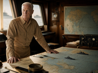 Representação educativa de Chester Nimitz em sala de mapas navais durante a guerra no Pacífico.