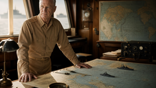 Representação educativa de Chester Nimitz em sala de mapas navais durante a guerra no Pacífico.