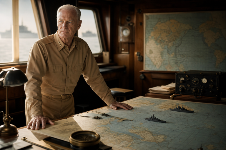 Representação educativa de Chester Nimitz em sala de mapas navais durante a guerra no Pacífico.