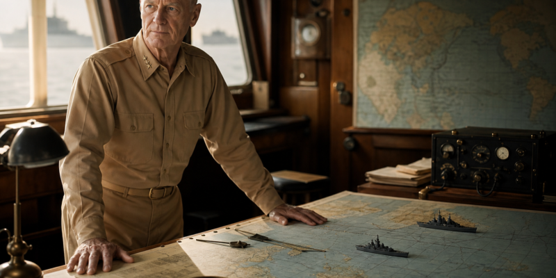 Representação educativa de Chester Nimitz em sala de mapas navais durante a guerra no Pacífico.