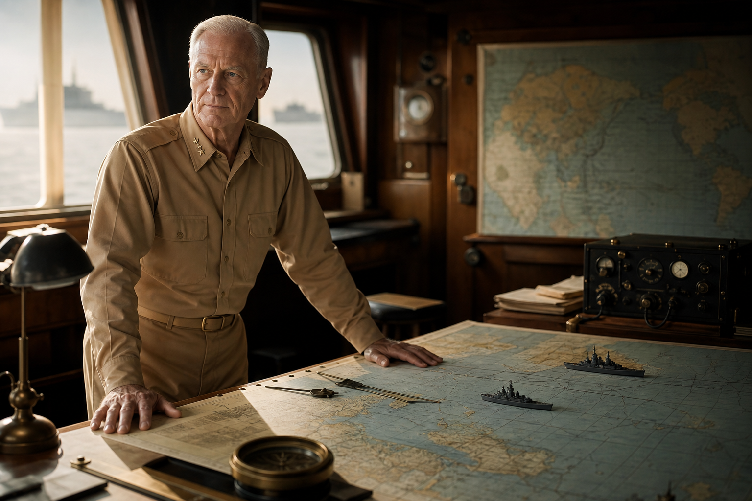 Representação educativa de Chester Nimitz em sala de mapas navais durante a guerra no Pacífico.