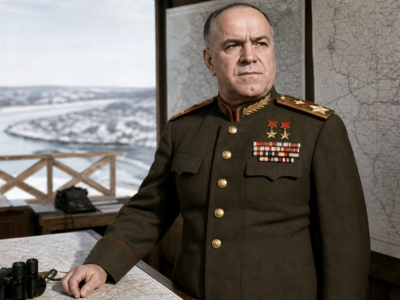 Retrato histórico educativo de um marechal soviético diante de mapas militares e paisagem de inverno